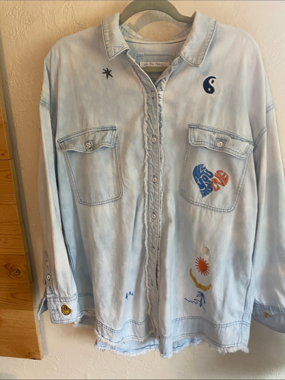 Free People Light Blue Embroidered Denim-Style Button Down Shirt